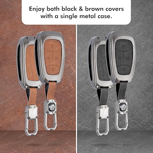 SHOPOFLUX Metal Key Cover Compatible with Tata Nexon | Harrier | Safari | Altroz | Tigor | EV | Punch | Tiago EV Electric 4 Button Smart Key Only (Leather Black Brown) Shopoflux