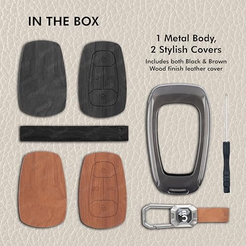 SHOPOFLUX Metal Key Cover Compatible with Tata Nexon | Harrier | Safari | Altroz | Tigor | EV | Punch | Tiago EV Electric 4 Button Smart Key Only (Leather Black Brown) Shopoflux
