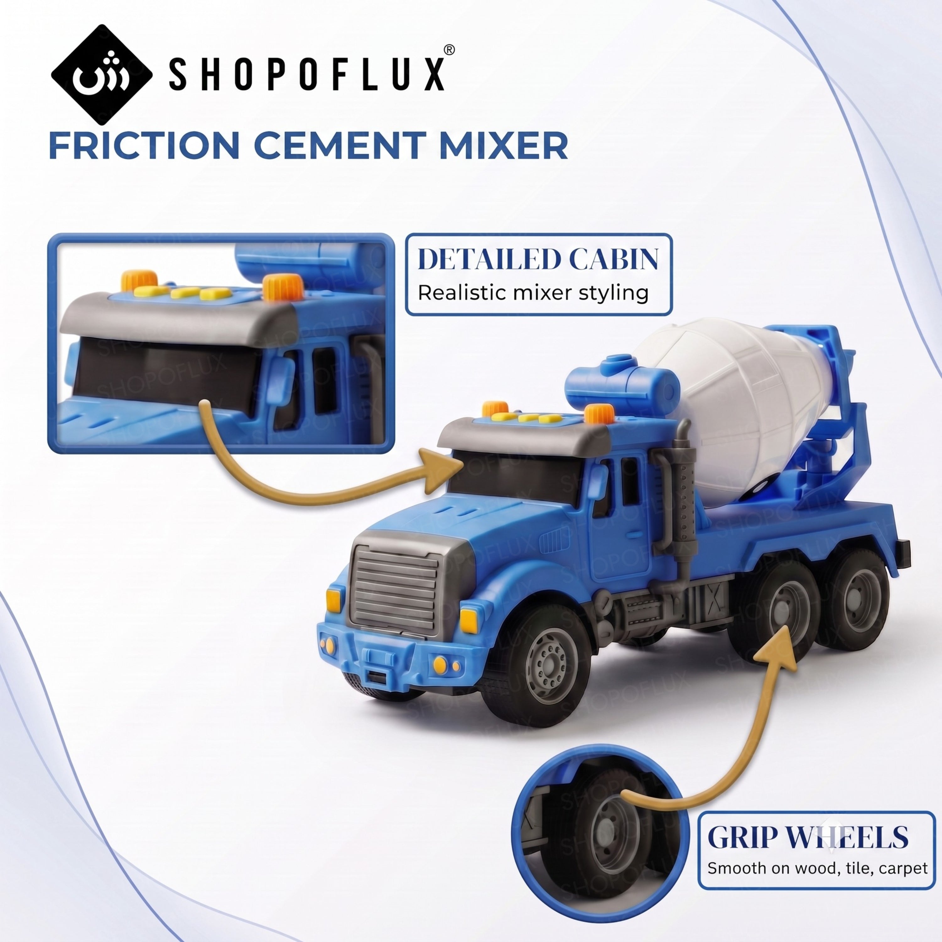 SHOPOFLUX Construction Cement Mixer Truck Toy with Friction Powered Push and Go Truck Toys for Kids, Boys and Girls Aged 3+ Year (Cement Mixer)