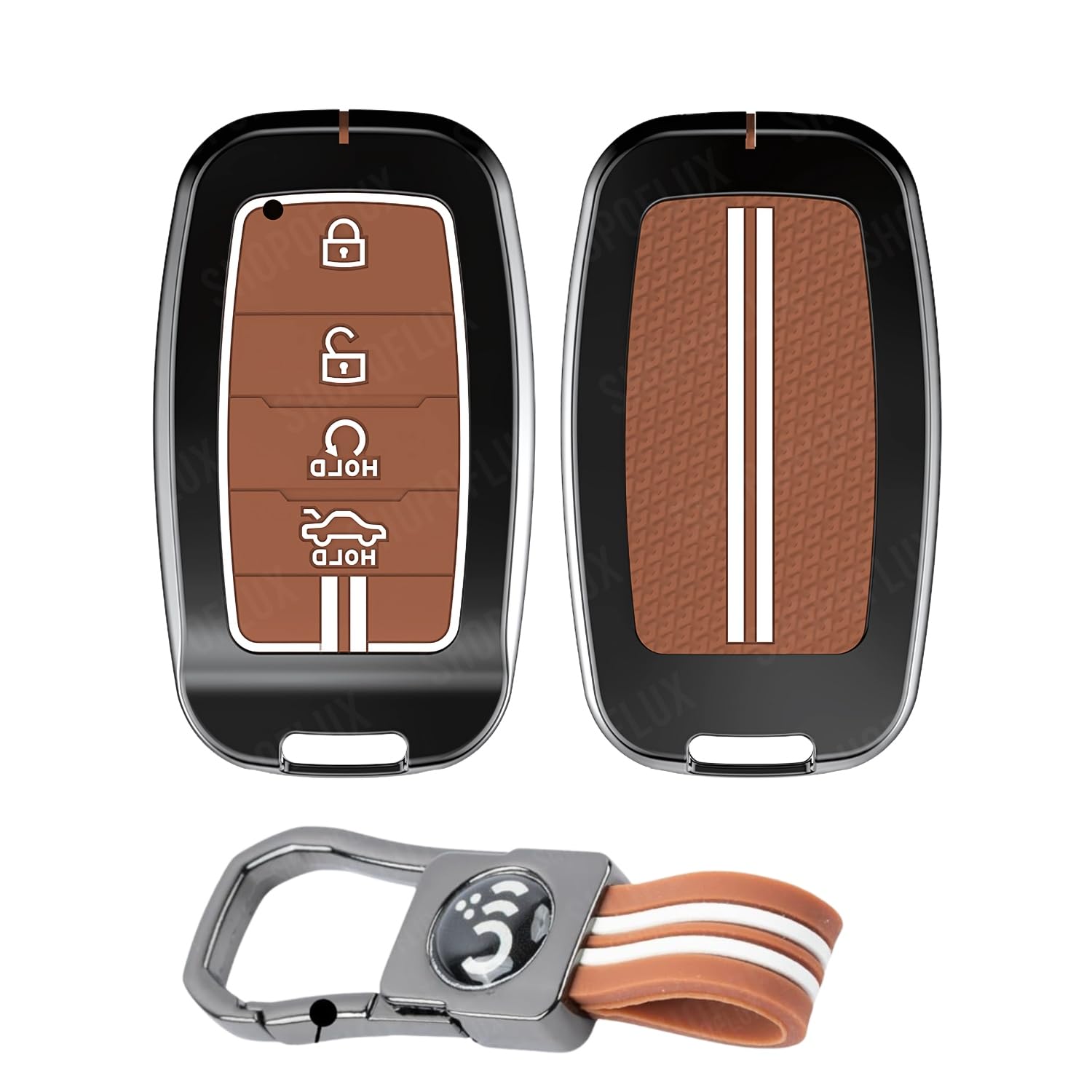SHOPOFLUX Metal Key Cover Compatible with Kia Seltos | Sonet | Carens 4 Button Smart Key (Brown Silicone (Pack 1)) Shopoflux