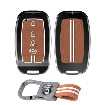 SHOPOFLUX Metal Key Cover Compatible with Kia Seltos | Sonet | Carens 4 Button Smart Key (Brown Silicone (Pack 1)) Shopoflux
