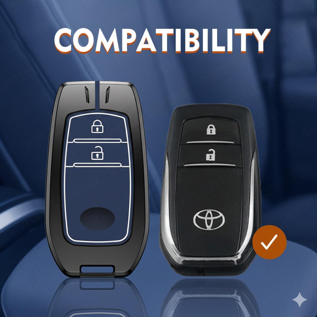 SHOPOFLUX Metal Key Cover Compatible with Toyota Innova Crysta, Hilux, Invicto 2 Button Smart Only (Metal Blue Silicone) Shopoflux