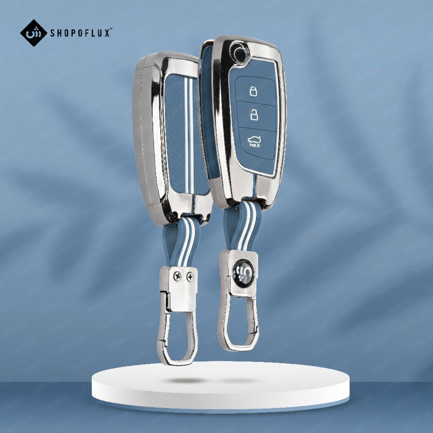 SHOPOFLUX Metal Key Cover Compatible with Hyundai Venue | Verna | i20 N line N6 Car 3 Button Flip Key (Metal Silicone Blue) Shopoflux