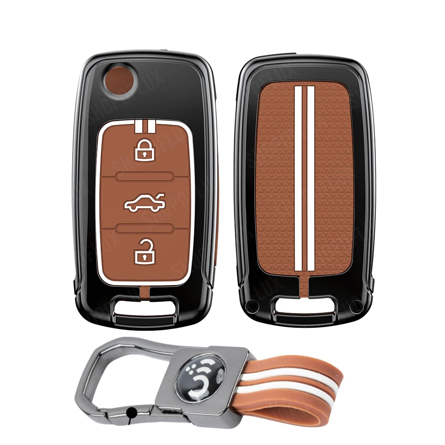 SHOPOFLUX Metal Key Cover Compatible for Skoda & Volkswagen Cars Octavia, Laura, Superb, Fabia, Rapid, Polo, Vento, Jetta, Ameo, Passat 3 Button Flip Key (Brown Silicone) Shopoflux