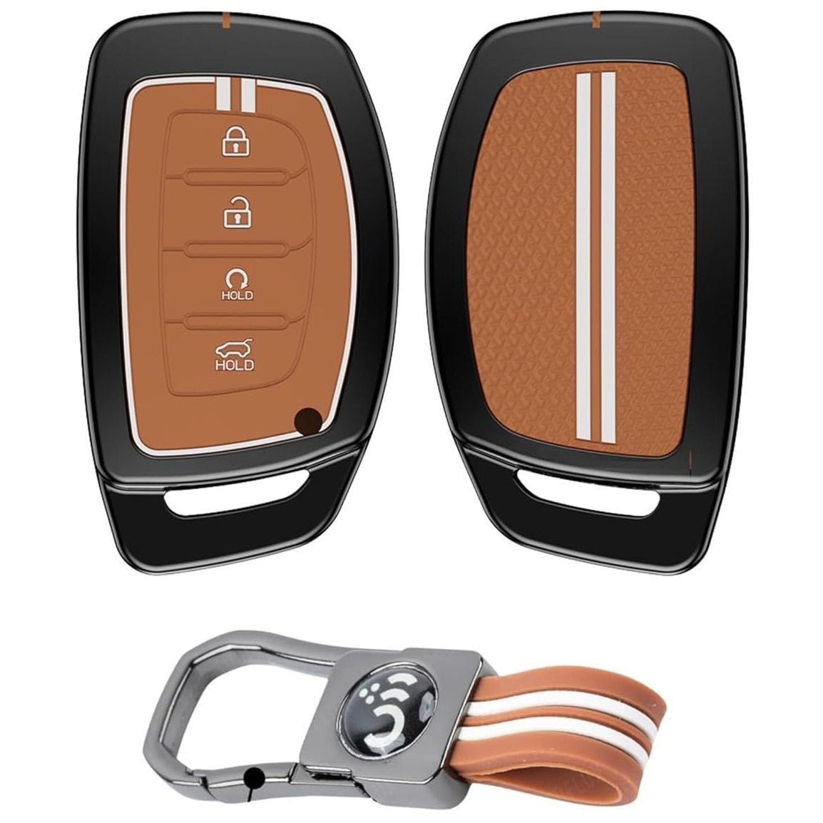 SHOPOFLUX Metal Key Cover Compatible with Hyundai Alcazar and Creta ev Car 4 Button Smart Key (Brown Silicone) Shopoflux