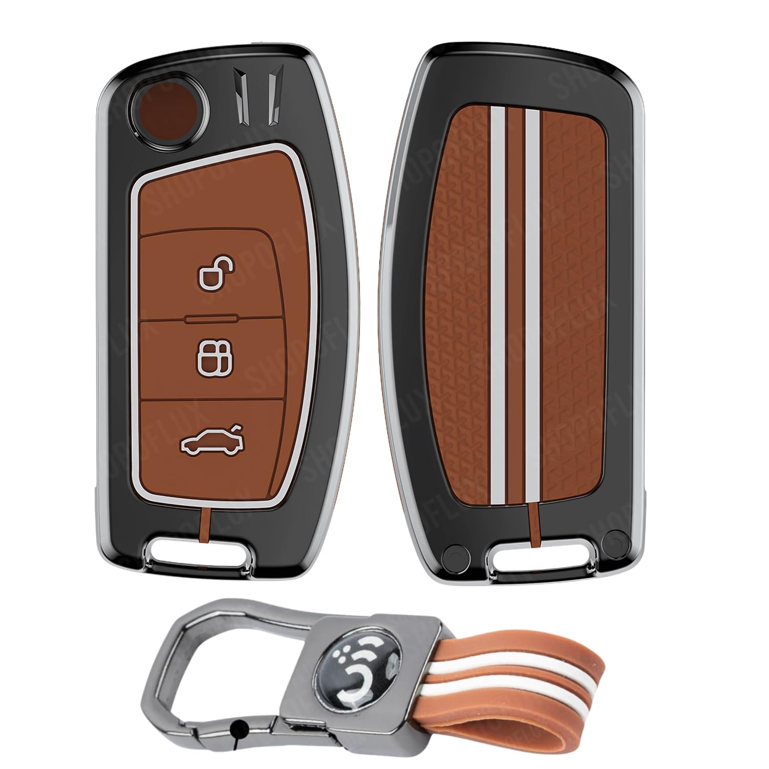 SHOPOFLUX Metal Key Cover Compatible for Ford Old Ecosport | Fiesta | Figo 3 Button Flip Key (Brown Silicone) Shopoflux