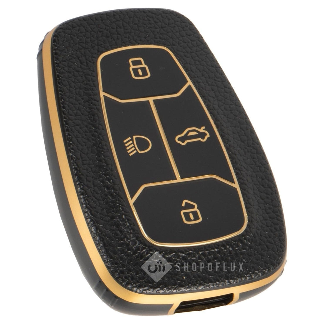 SHOPOFLUX TPU Leather Key Cover Compatible with Tata Nexon | Harrier | Safari | Altroz | Tigor | EV | Punch | Tiago EV Electric 4 Button Smart Key Only Blue Gold