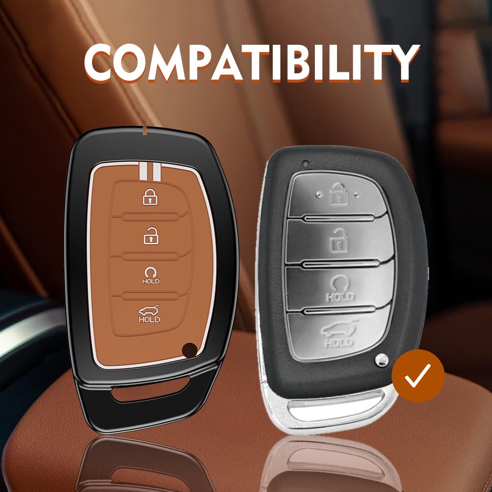 SHOPOFLUX Metal Key Cover Compatible with Hyundai Alcazar and Creta ev Car 4 Button Smart Key (Brown Silicone) Shopoflux
