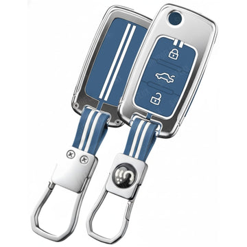 SHOPOFLUX Metal Key Cover Compatible for Skoda & Volkswagen Cars Octavia, Laura, Superb, Fabia, Rapid, Polo, Vento, Jetta, Ameo, Passat 3 Button Flip Key (Blue Silicone)