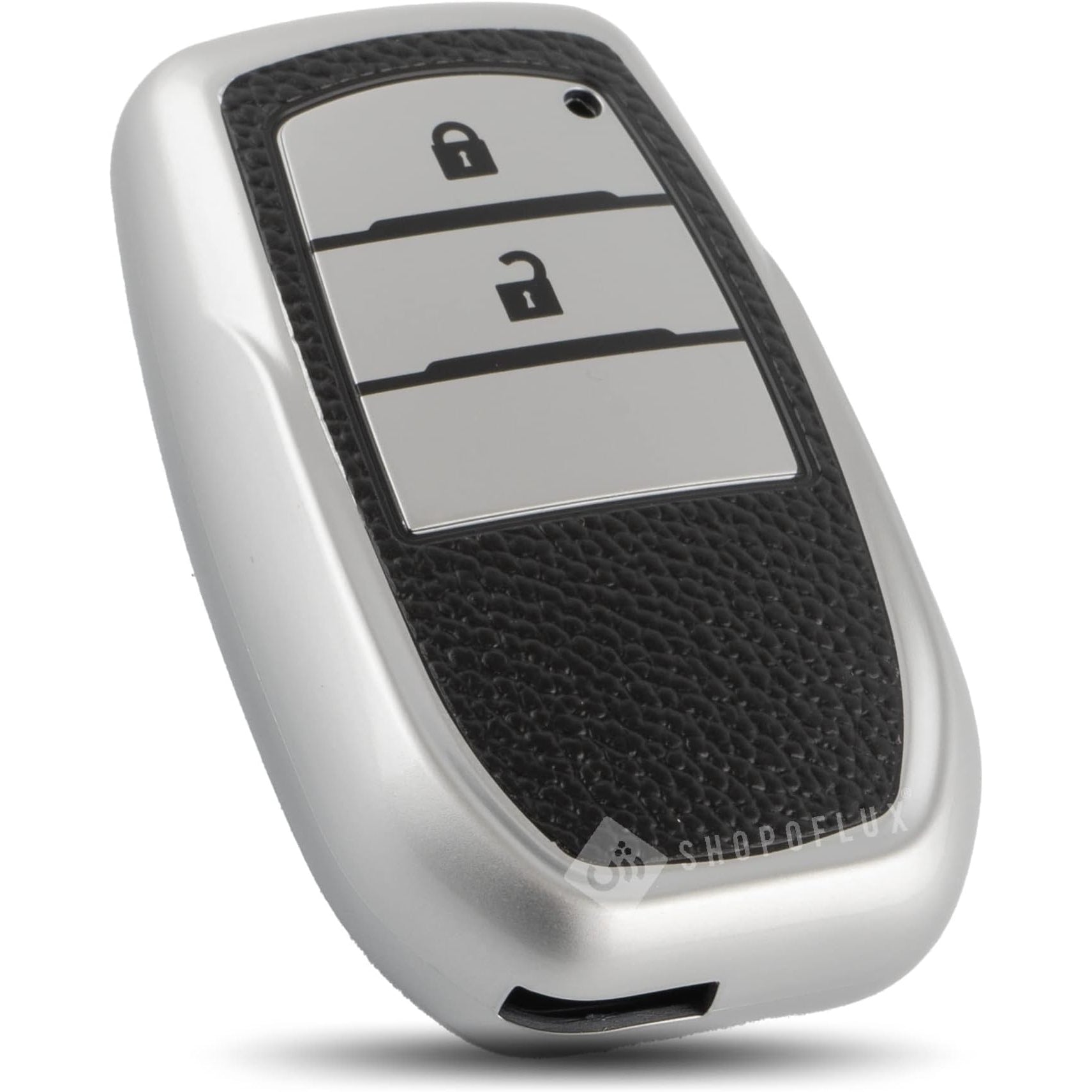 SHOPOFLUX TPU Leather Key Cover Compatible with Toyota Innova Crysta | Hilux 2022 2023 Key Cover 2 Button Smart Key Only Black Silver