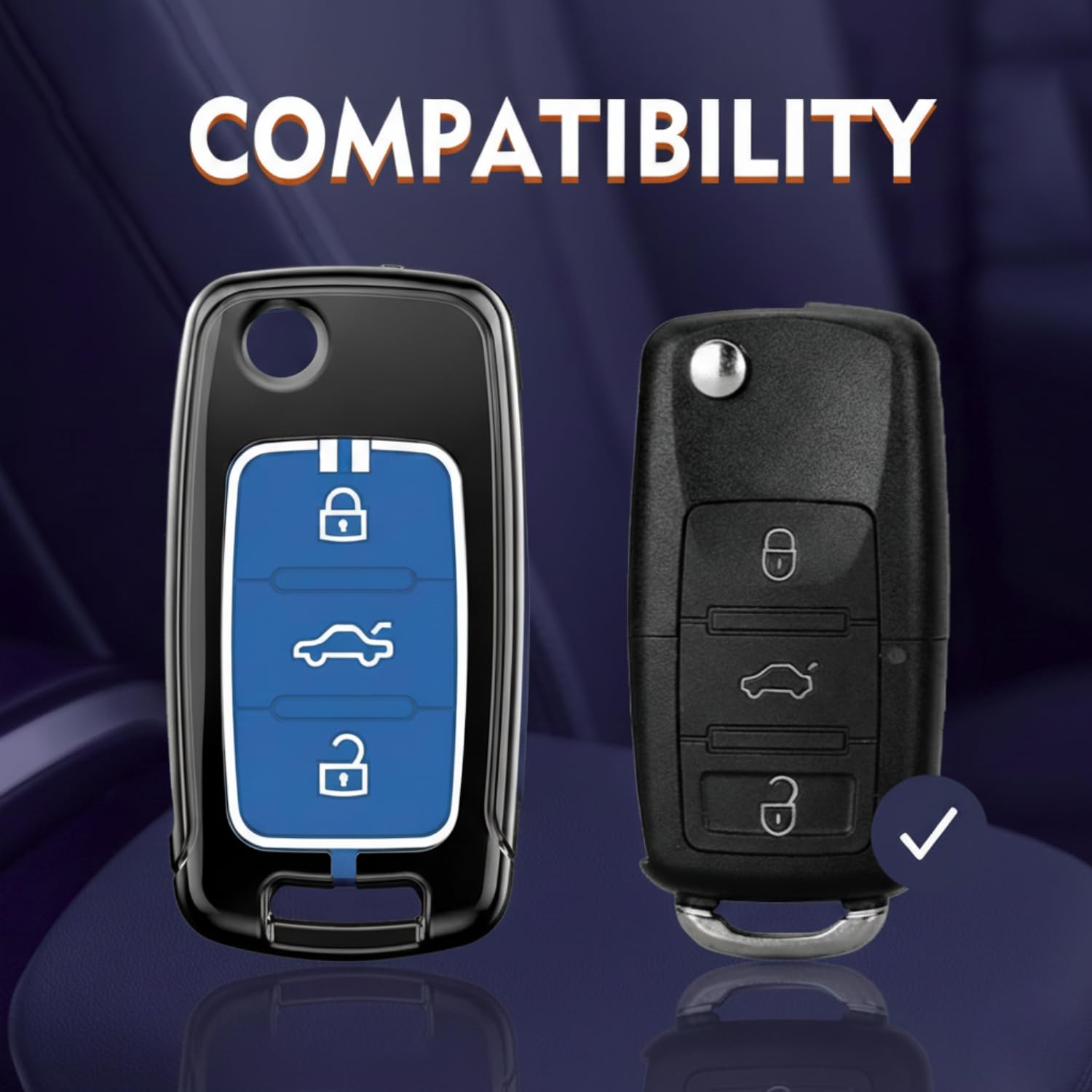 SHOPOFLUX Metal Key Cover Compatible for Skoda & Volkswagen Cars Octavia, Laura, Superb, Fabia, Rapid, Polo, Vento, Jetta, Ameo, Passat 3 Button Flip Key (Blue Silicone) Shopoflux