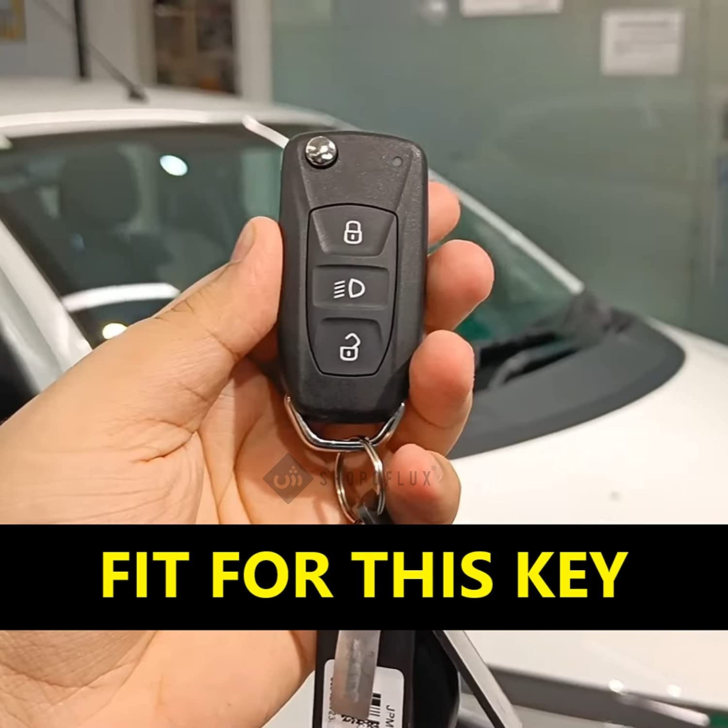 SHOPOFLUX TPU Leather Key Cover Compatible with Tata Tiago | Nexon | Altroz | Safari | Storme | Zest | Bolt | Tigor | Punch | Hexa 3 Button Flip Key White Gold