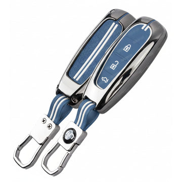 SHOPOFLUX Metal Key Cover Compatible with Baleno, Breeza, S Cross, Ciaz, Swift 3 Button Smart Key (Metal Blue Silicone)