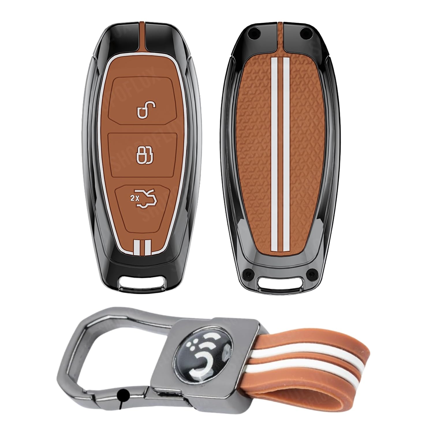 SHOPOFLUX Metal Key Cover Compatible for Ford Ecosport 3 Button Smart Key (Brown Silicone) Shopoflux