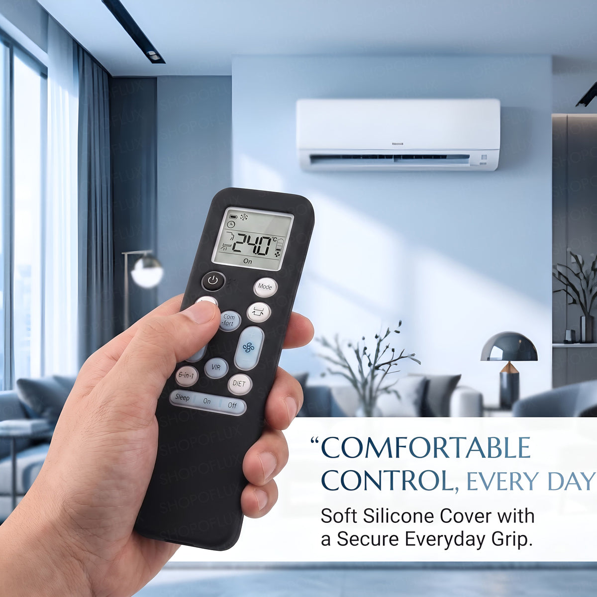 Hand holding a covered remote beside an air conditioner