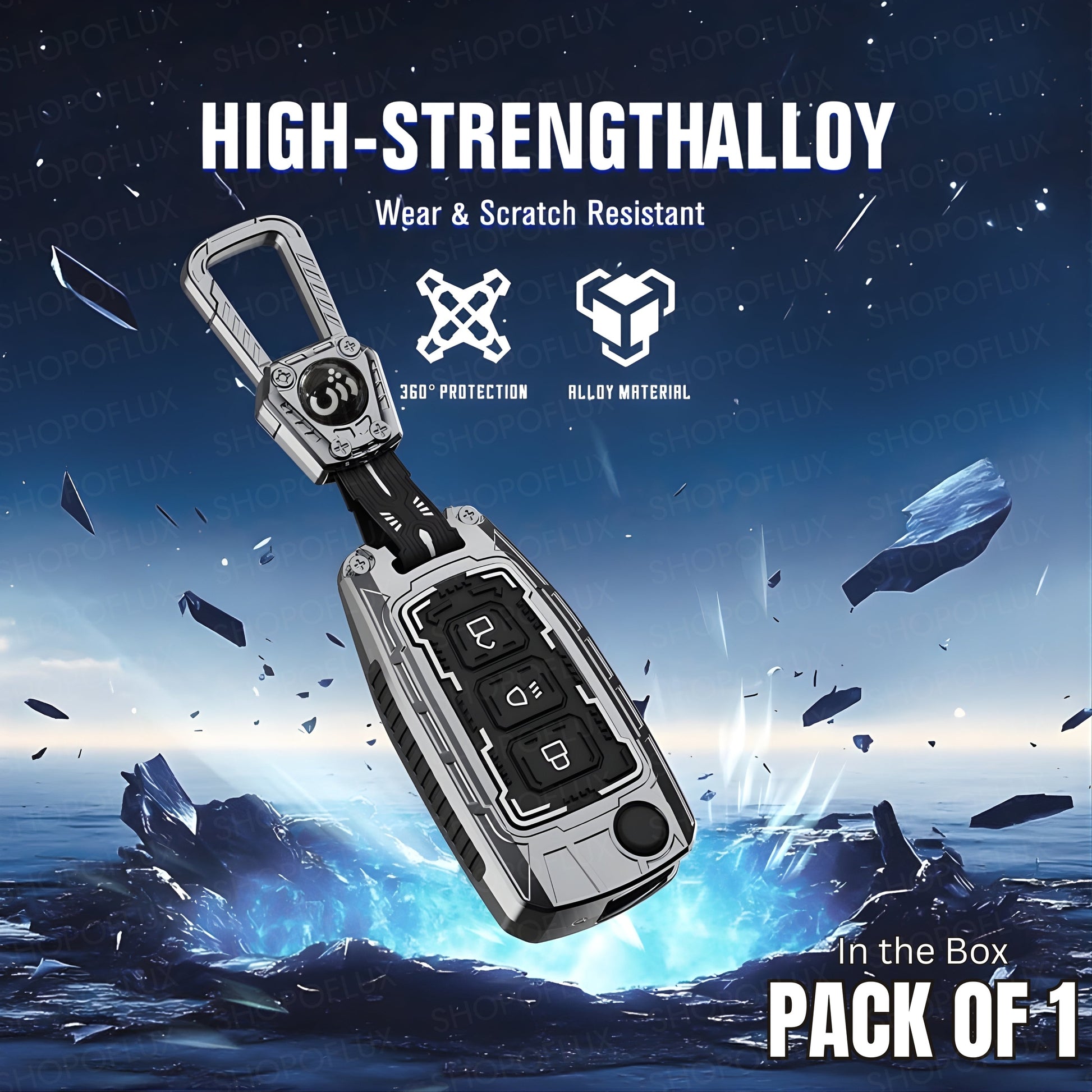 SHOPOFLUX Metal Key Cover Compatible with Tata Tiago | Nexon | Altroz | Curvv | Safari | Storme | Zest | Bolt | Tigor | Punch | Hexa 3 Button Flip Key (Metal Black Silicone) Shopoflux