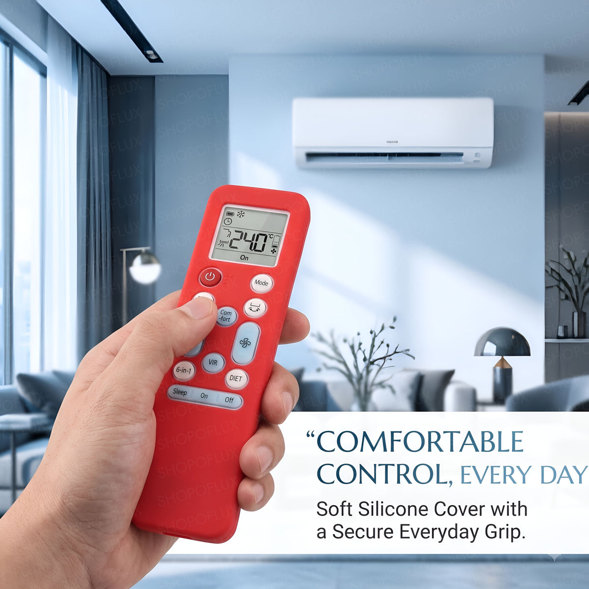 Hand holding a covered remote beside an air conditioner