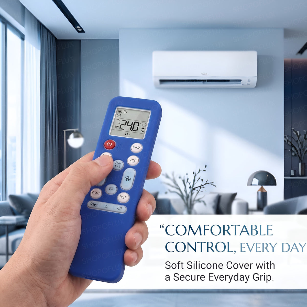 Hand holding a covered remote beside an air conditioner