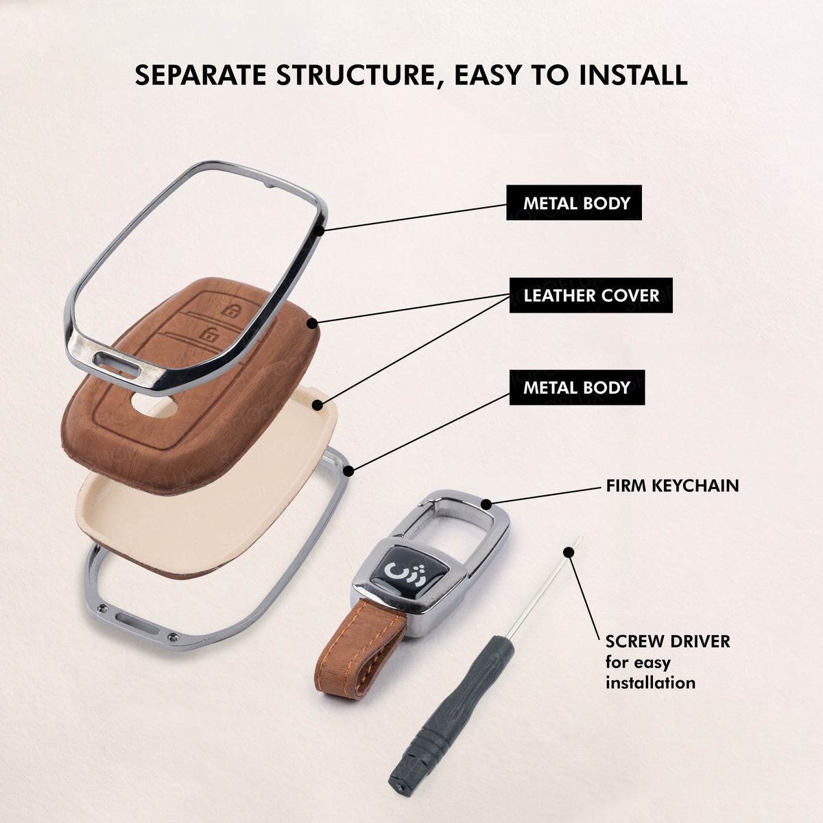 SHOPOFLUX Metal Key Cover Compatible with Tata Tiago | Nexon | Altroz | Curvv | Safari | Storme | Zest | Bolt | Tigor | Punch | Hexa 3 Button Flip Key (Leather Black Brown)