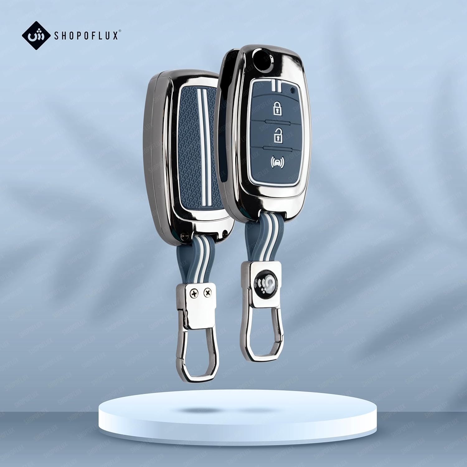 SHOPOFLUX Metal Key Cover Compatible for Mahindra XUV 300 and Alturas G4 Car 3 Button Flip Key (Metal Silicone Blue)