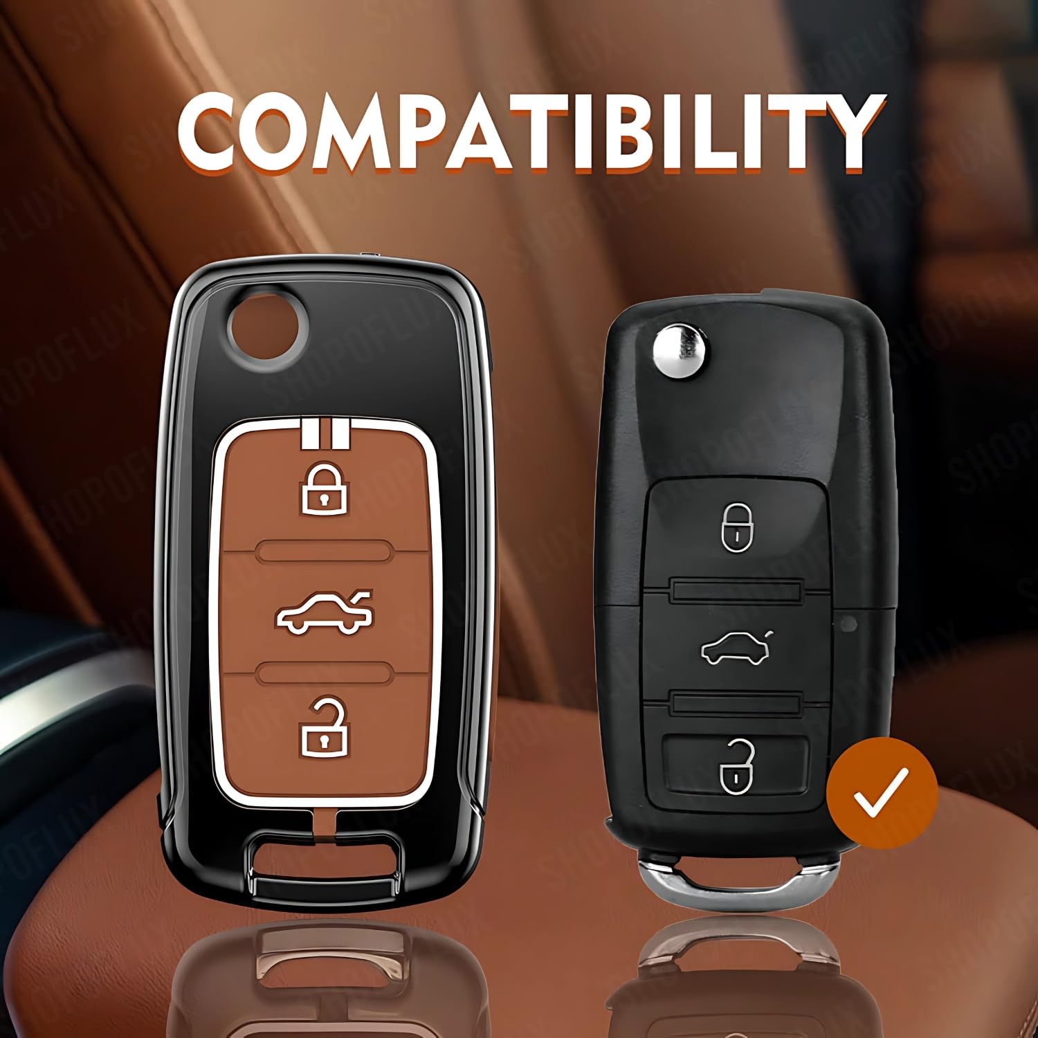 SHOPOFLUX Metal Key Cover Compatible for Skoda & Volkswagen Cars Octavia, Laura, Superb, Fabia, Rapid, Polo, Vento, Jetta, Ameo, Passat 3 Button Flip Key (Brown Silicone) Shopoflux