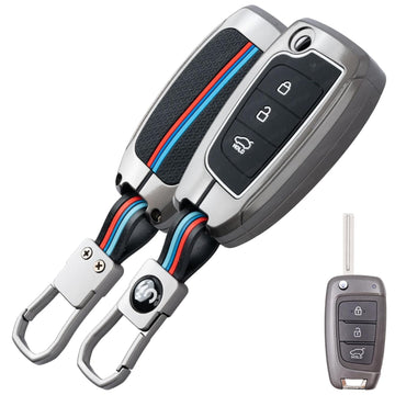 SHOPOFLUX Metal Key Cover Compatible with Hyundai Venue | Verna | i20 N line N6 Car 3 Button Flip Key (Metal Silicone Black)