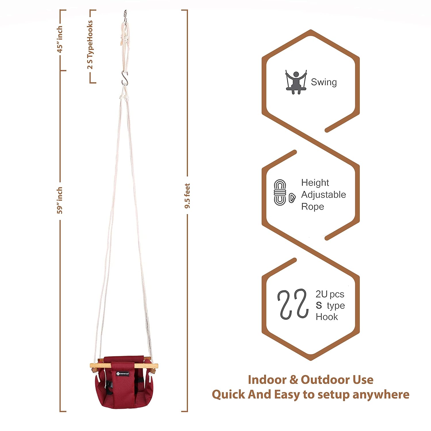 SHOPOFLUX Polyester Swing For Kids | Baby Swing Hanging Indoor Outdoor | Kids Swing | Jhula For Baby | Baby Garden Swing | Jhula For Kids | 6 Months To 3 Years Up To 25 Kg Maroon Depth 8.5 Inch
