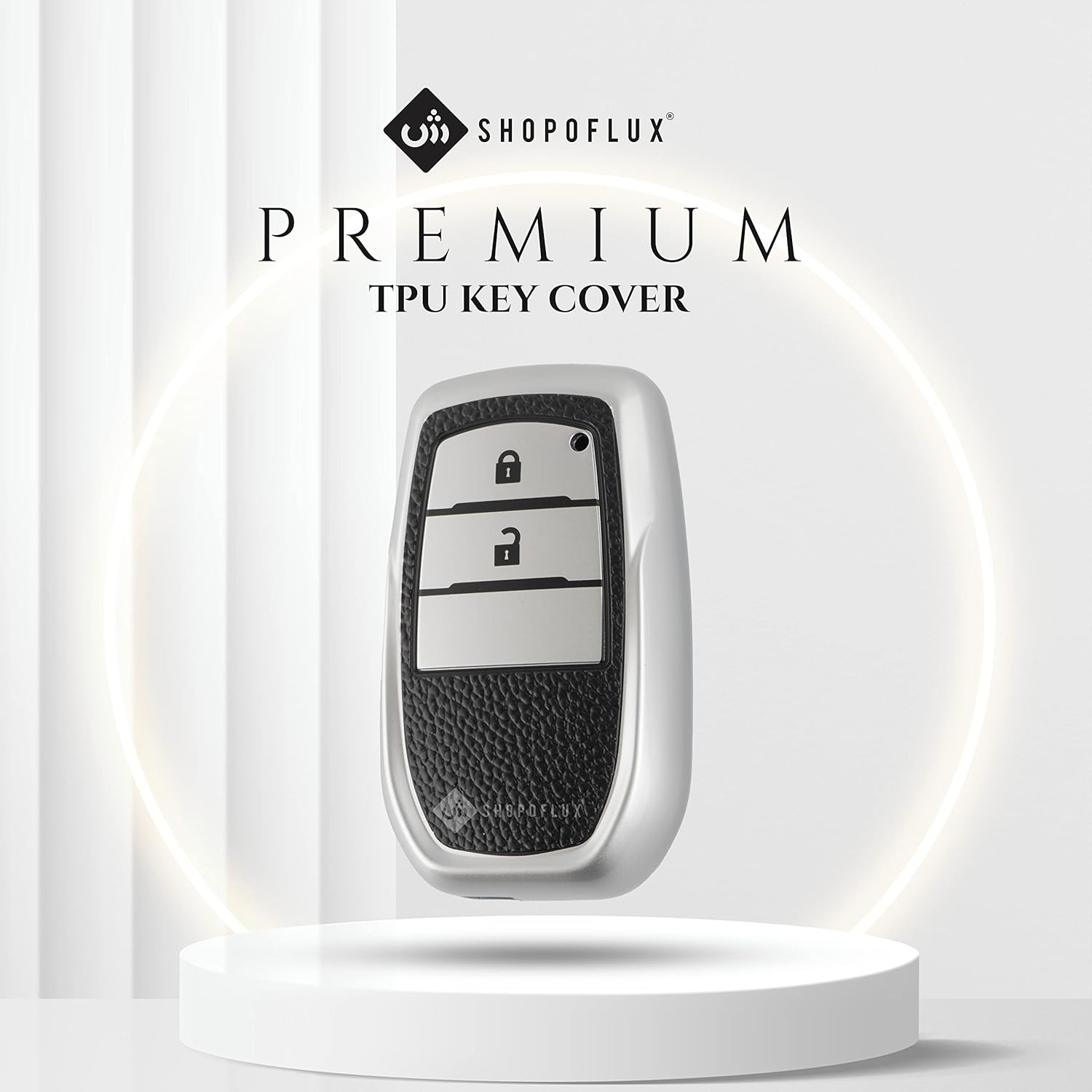 SHOPOFLUX TPU Leather Key Cover Compatible with Toyota Innova Crysta | Hilux 2022 2023 Key Cover 2 Button Smart Key Only Black Silver