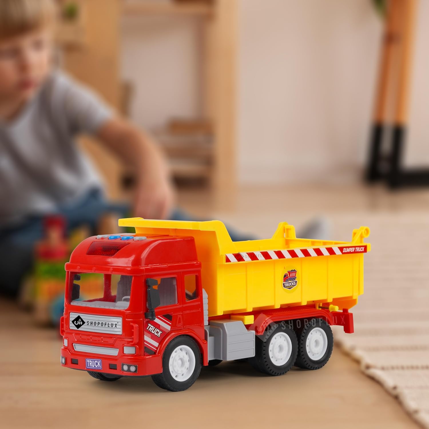 SHOPOFLUX Construction Dumper Truck Toy with Light & Sound, Friction Powered Push and Go Truck Toys for Kids, Boys and Girls Aged 3+ Year Dumper