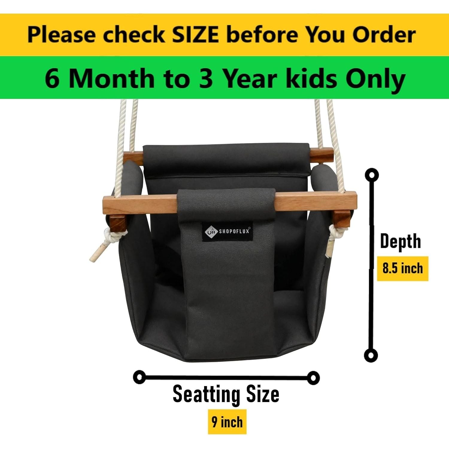 Shopoflux Swing For Kids | Baby Swing Hanging Indoor Outdoor | Kids Swing | Jhula For Baby | Baby Garden Swing | Jhula For Kids 6 Months To 3 Years, Up To 25 Kg, Grey - Polyester, 24 Cm