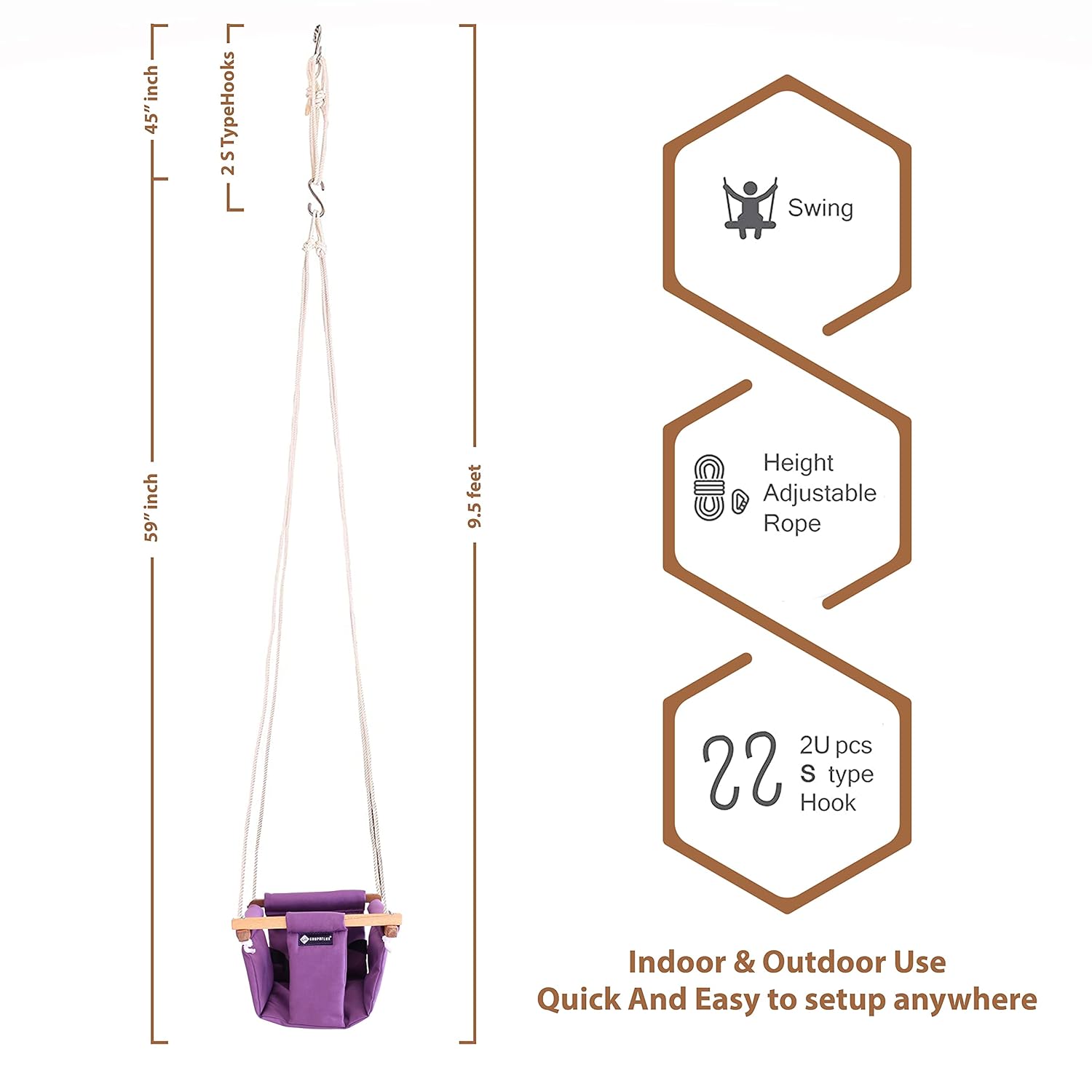 Shopoflux Swing For Kids | Baby Swing Hanging Indoor Outdoor | Kids Swing | Jhula For Baby | Baby Garden Swing | Jhula For Kids | 6 Months To 3 Years Up To 25 Kg Purple , Polyester, 9 Inch