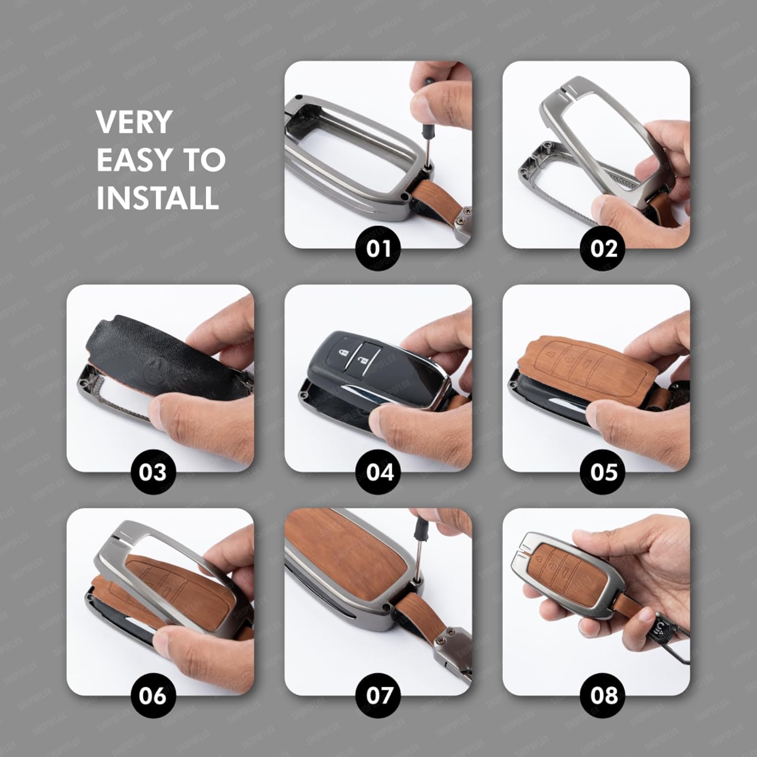 SHOPOFLUX Metal Key Cover Compatible with Toyota Innova Crysta, Hilux, Invicto 2 Button Smart Only (Leather Black Brown) Shopoflux