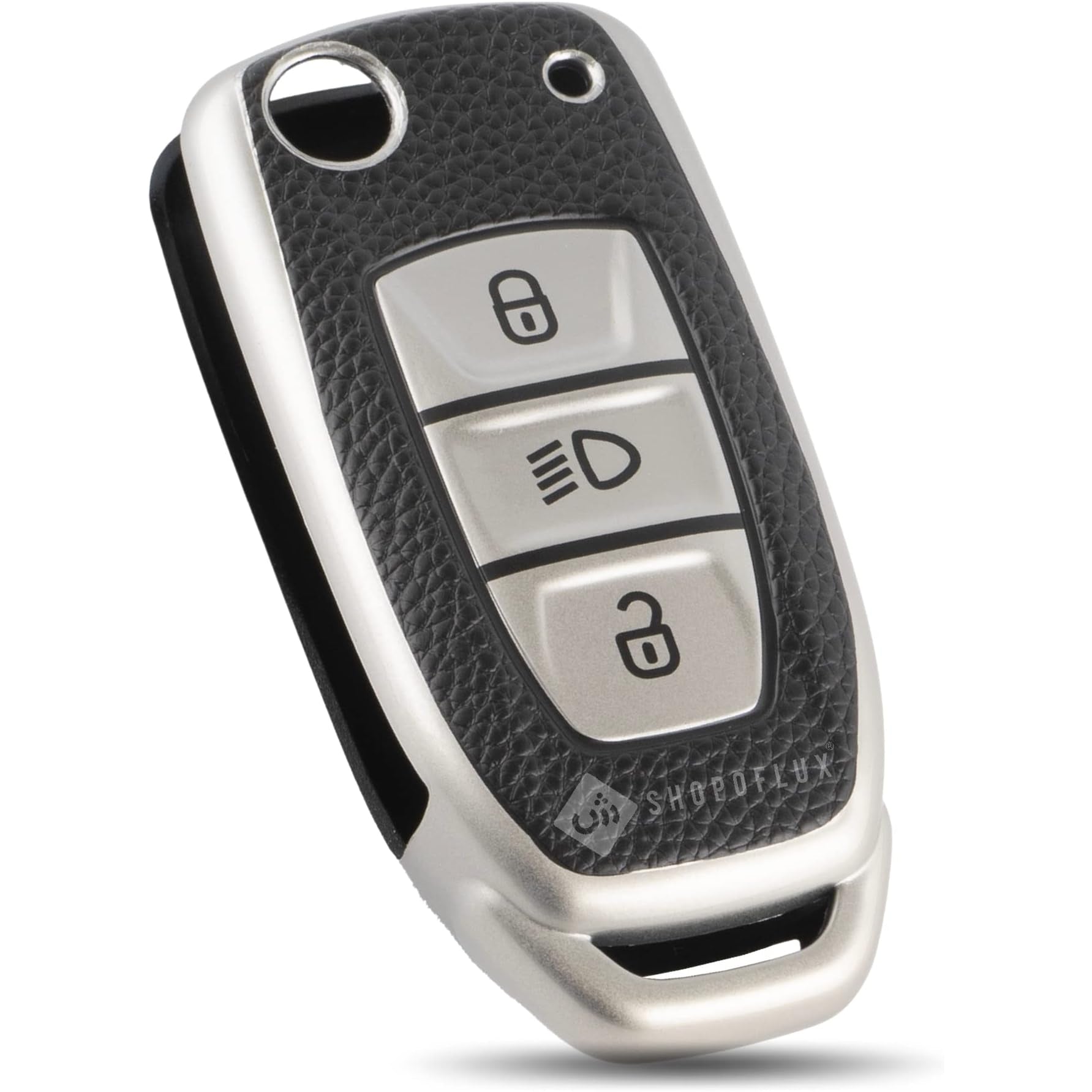 SHOPOFLUX TPU Leather Key Cover Compatible with Tata Tiago | Nexon | Altroz | Safari | Storme | Zest | Bolt | Tigor | Punch | Hexa 3 Button Flip Key Black Silver