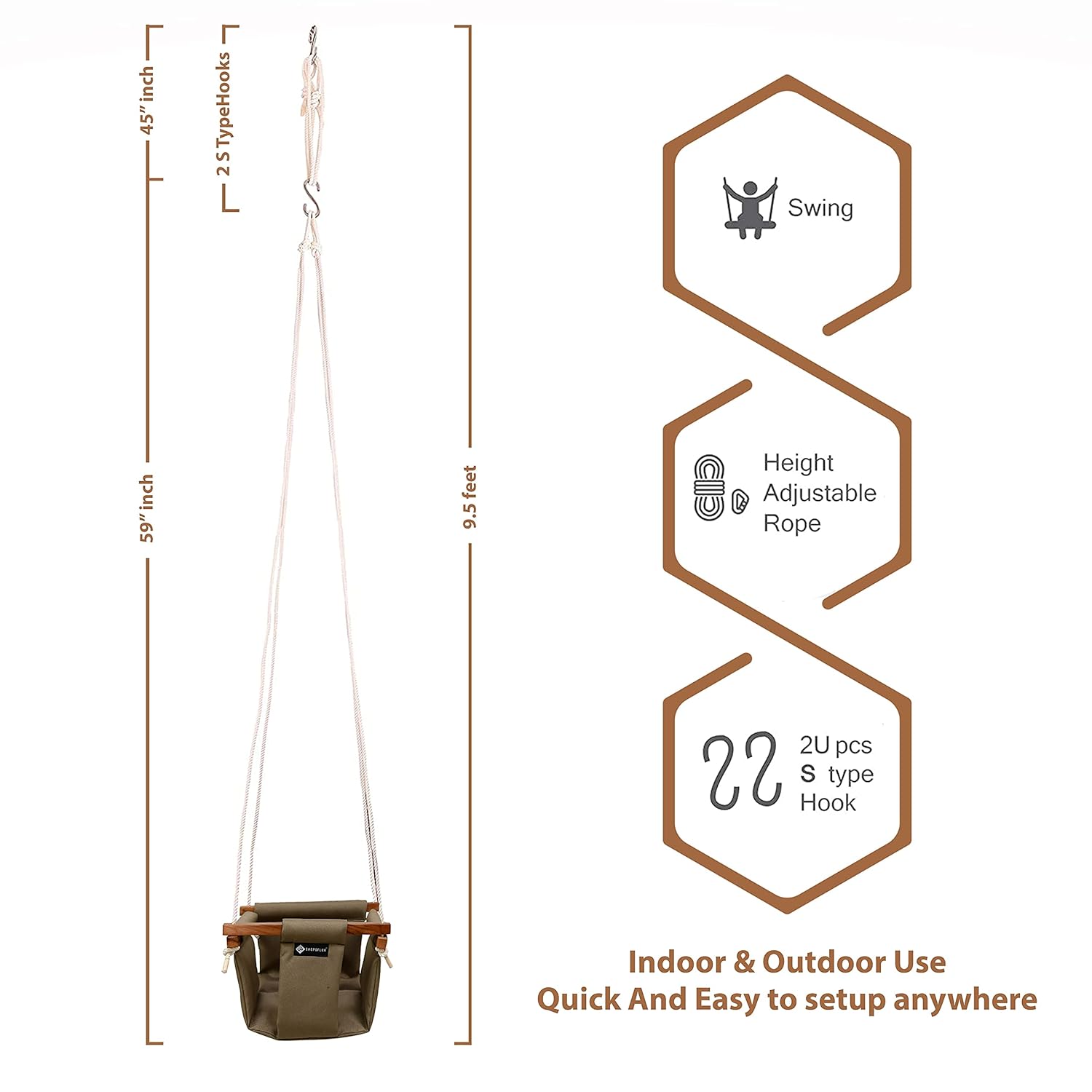 Shopoflux® Swing for Kids | Baby Swing hanging Indoor Outdoor | Kids Swing | Jhula for Baby | Baby Garden Swing | Jhula for Kids | 6 Months to 3 Years Up to 25 kg Brown