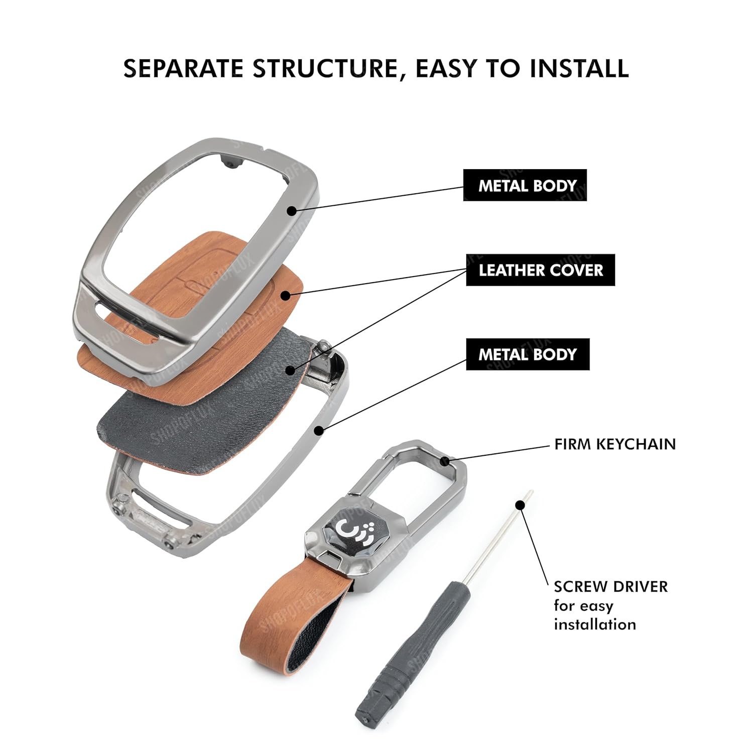 SHOPOFLUX Metal Key Cover Compatible with Toyota Innova Crysta, Hilux, Invicto 2 Button Smart Only (Leather Black Brown) Shopoflux