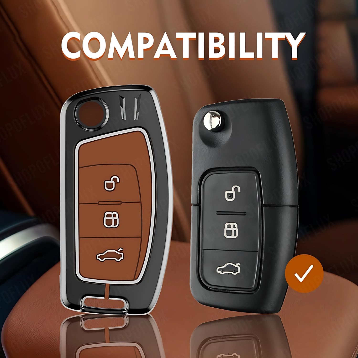 SHOPOFLUX Metal Key Cover Compatible for Ford Old Ecosport | Fiesta | Figo 3 Button Flip Key (Brown Silicone) Shopoflux
