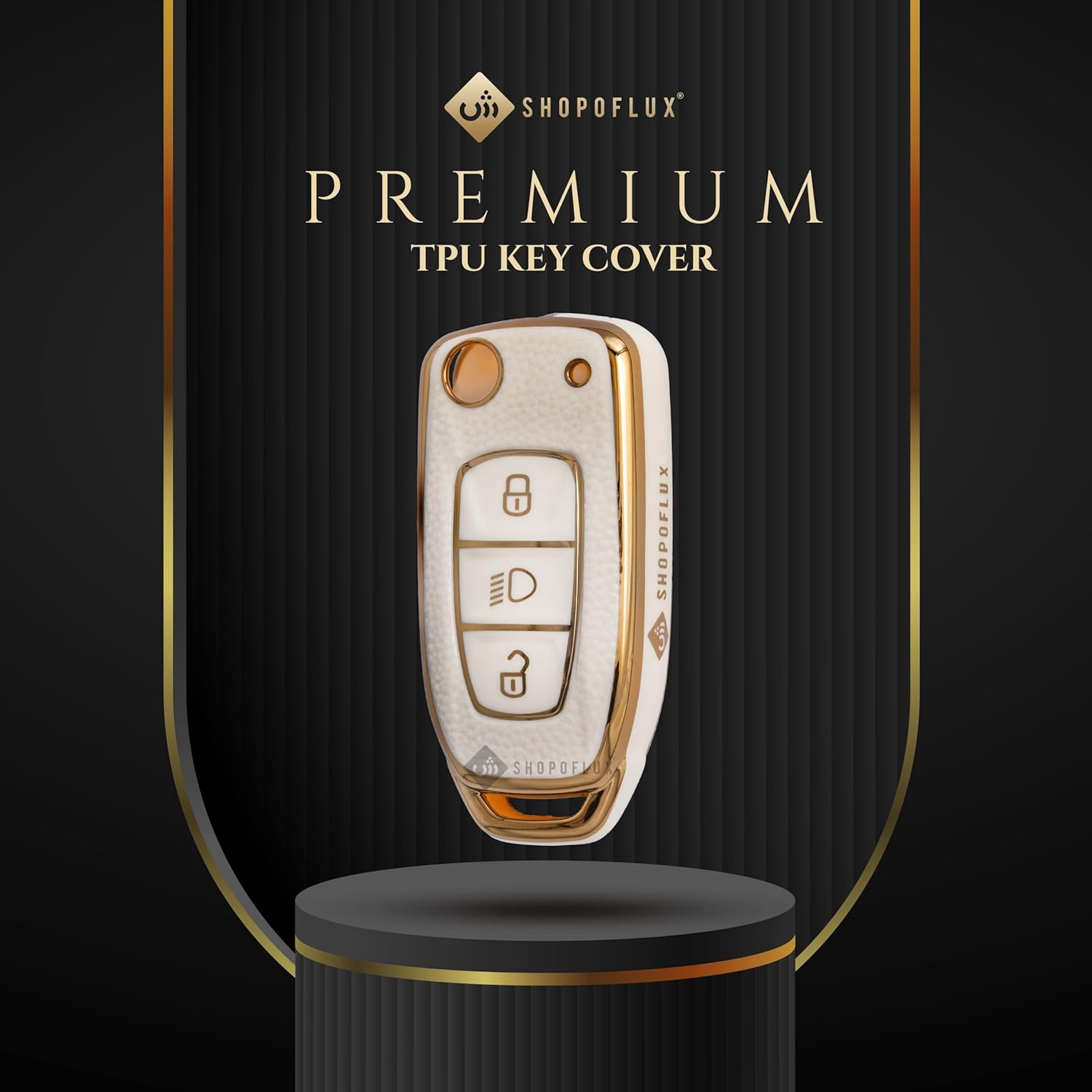SHOPOFLUX TPU Leather Key Cover Compatible with Tata Tiago | Nexon | Altroz | Safari | Storme | Zest | Bolt | Tigor | Punch | Hexa 3 Button Flip Key White Gold