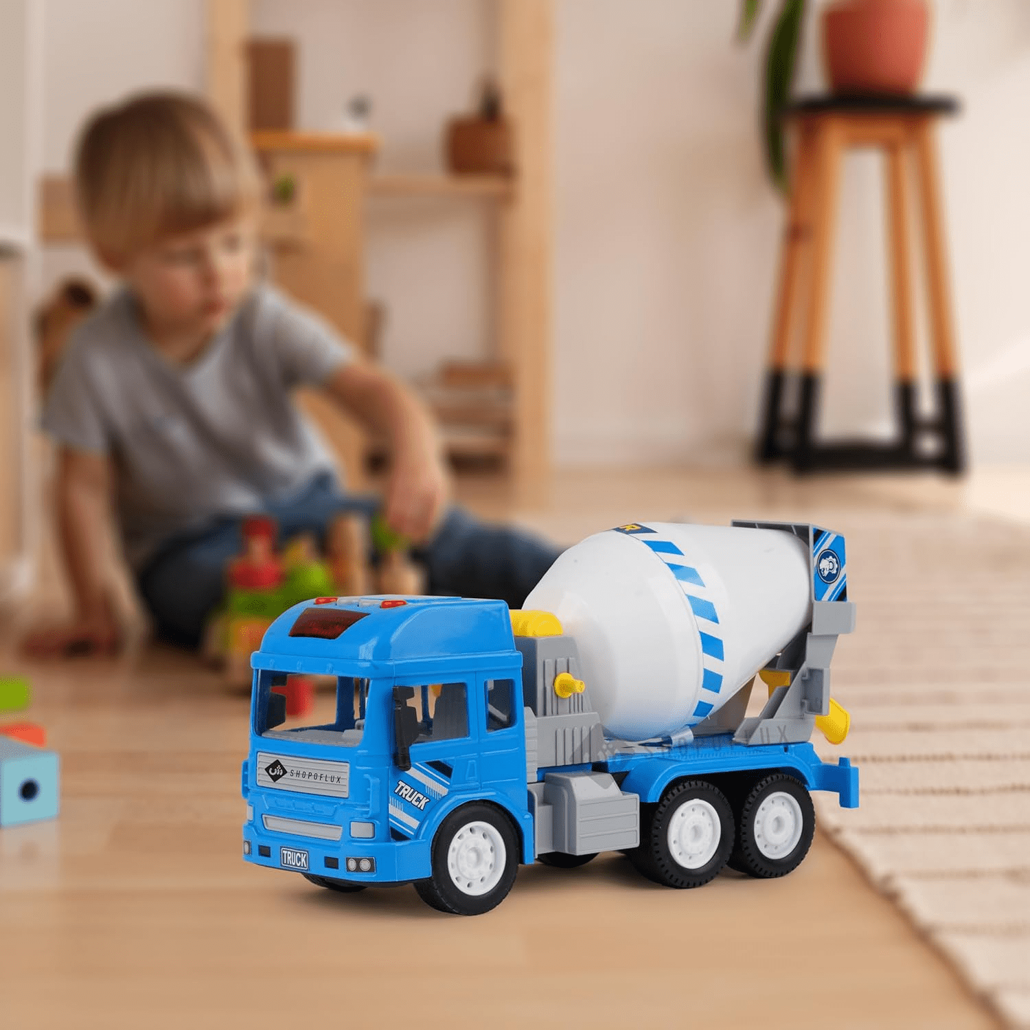 SHOPOFLUX Construction Cement Mixer Truck Toy with Light & Sound, Friction Powered Push and Go Truck Toys for Kids, Boys and Girls Aged 3+ Year Cement Mixer
