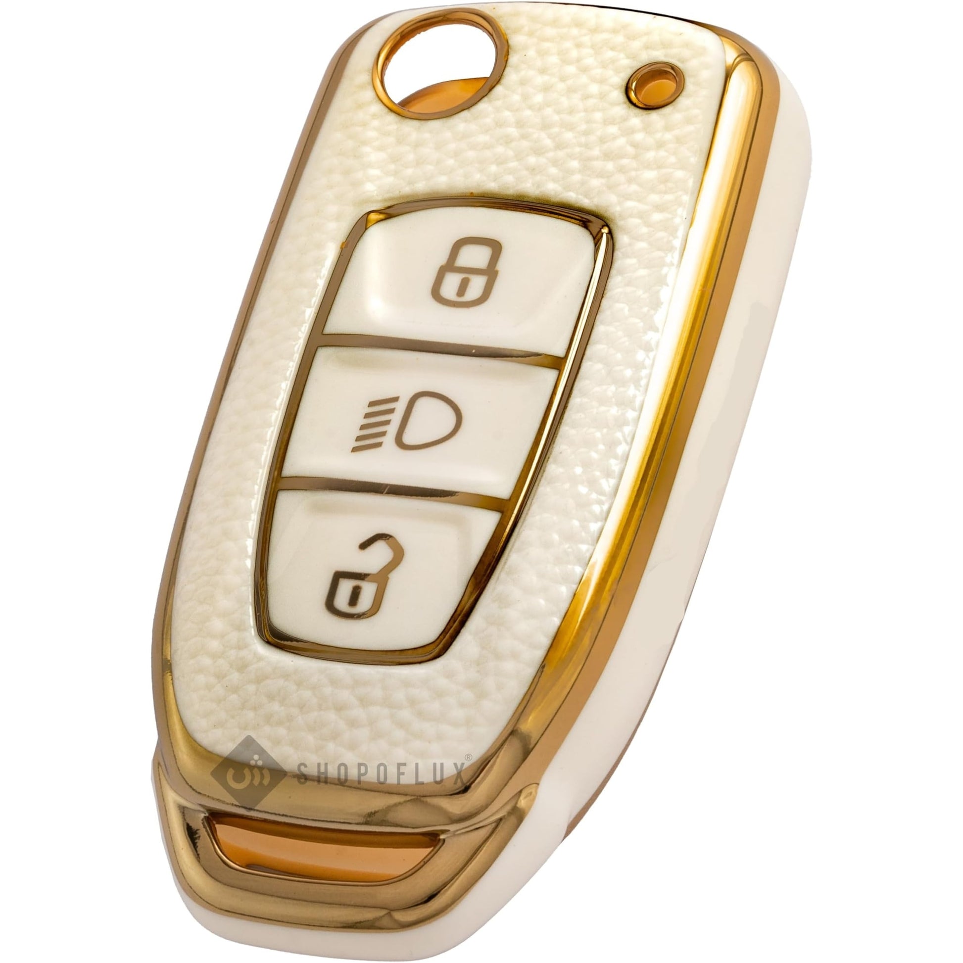 SHOPOFLUX TPU Leather Key Cover Compatible with Tata Tiago | Nexon | Altroz | Safari | Storme | Zest | Bolt | Tigor | Punch | Hexa 3 Button Flip Key White Gold