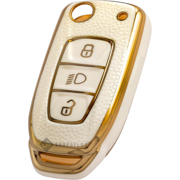 SHOPOFLUX TPU Leather Key Cover Compatible with Tata Tiago | Nexon | Altroz | Safari | Storme | Zest | Bolt | Tigor | Punch | Hexa 3 Button Flip Key White Gold