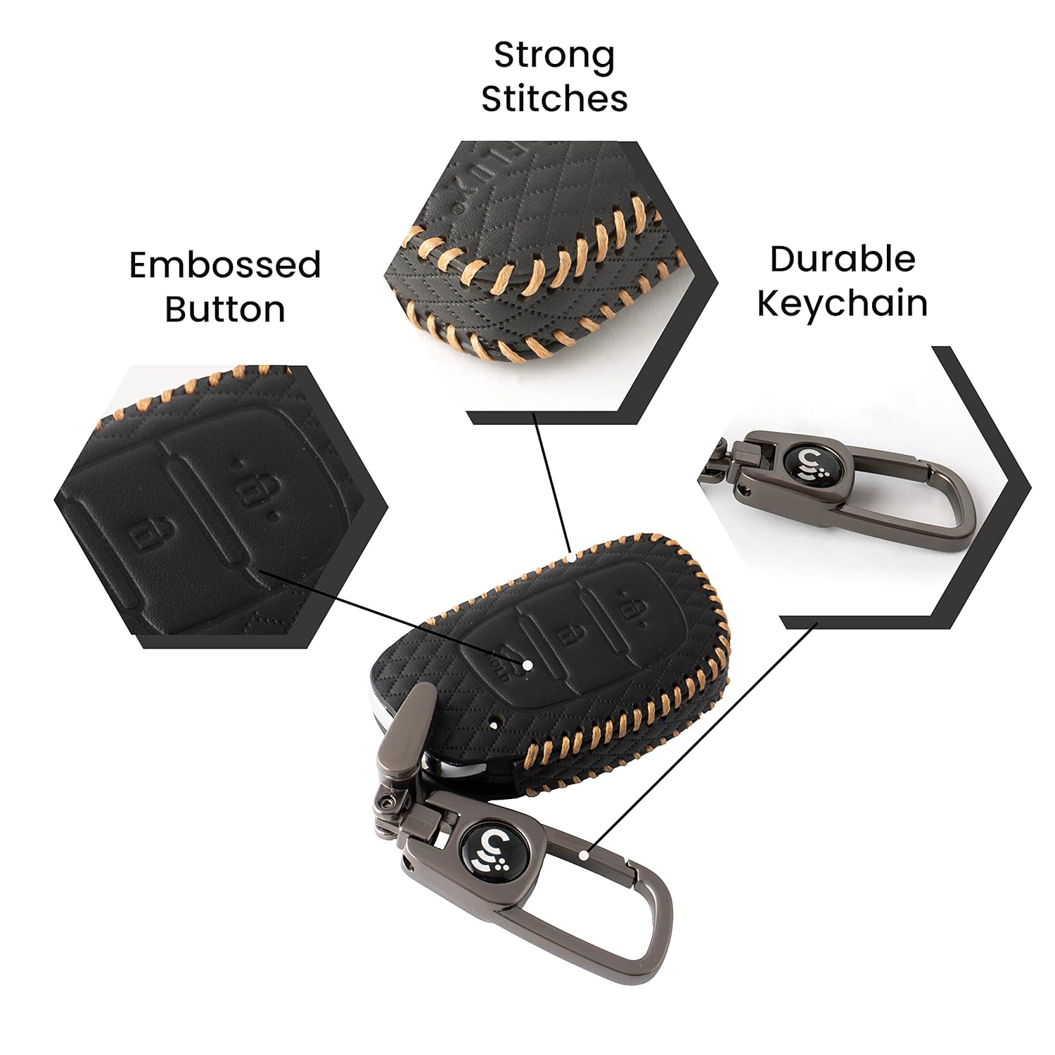 SHOPOFLUX Leather Key Cover for Hyundai Grand i10 NIOS Asta | Venue | i20 | Aura | Exter | Creta | Elantra 3 Button Smart Key Only Black