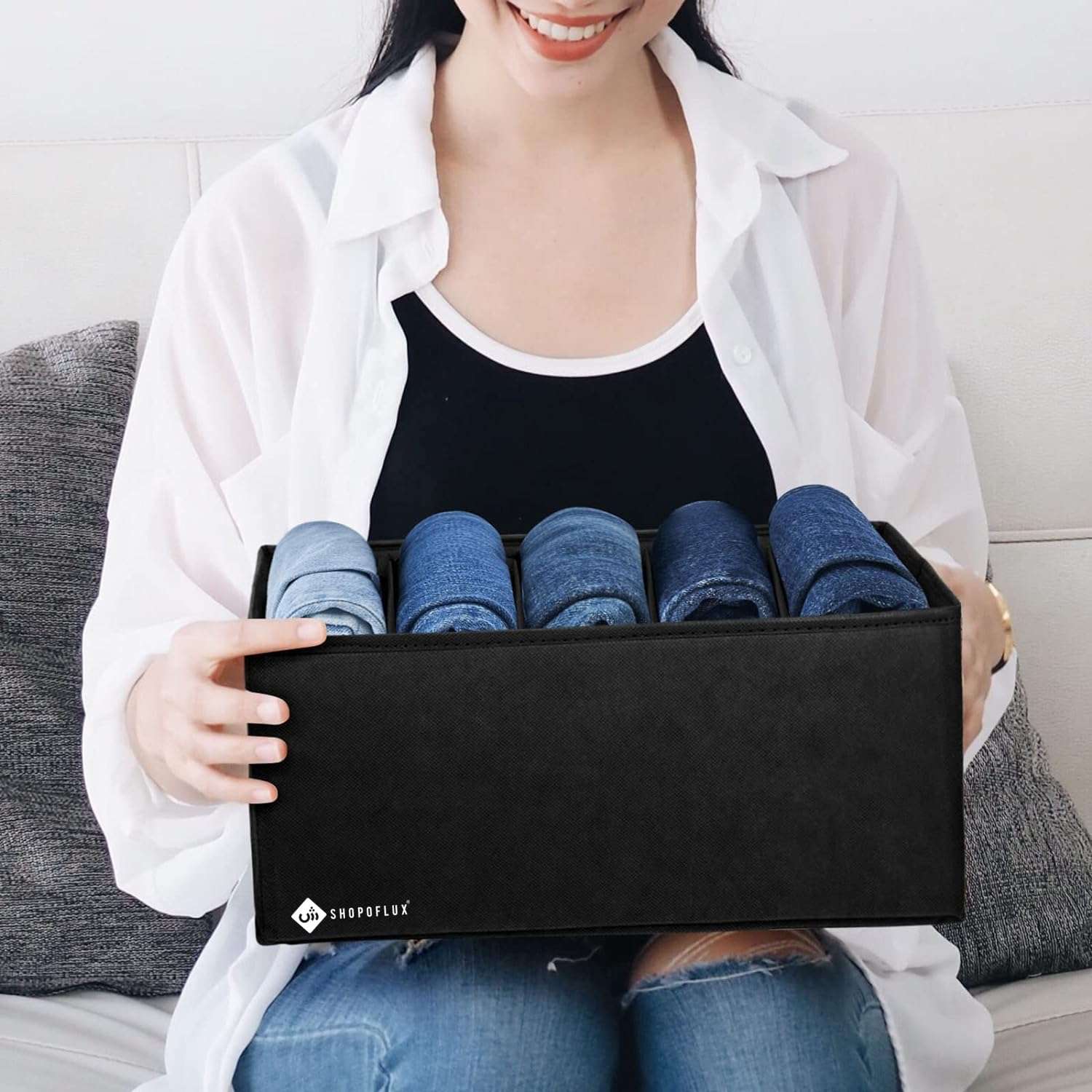 SHOPOFLUX Clothes Organizer for Wardrobe - Ideal for Jeans, Pants, Shirts - Drawer Closet Storage Solution Black 5 Slots