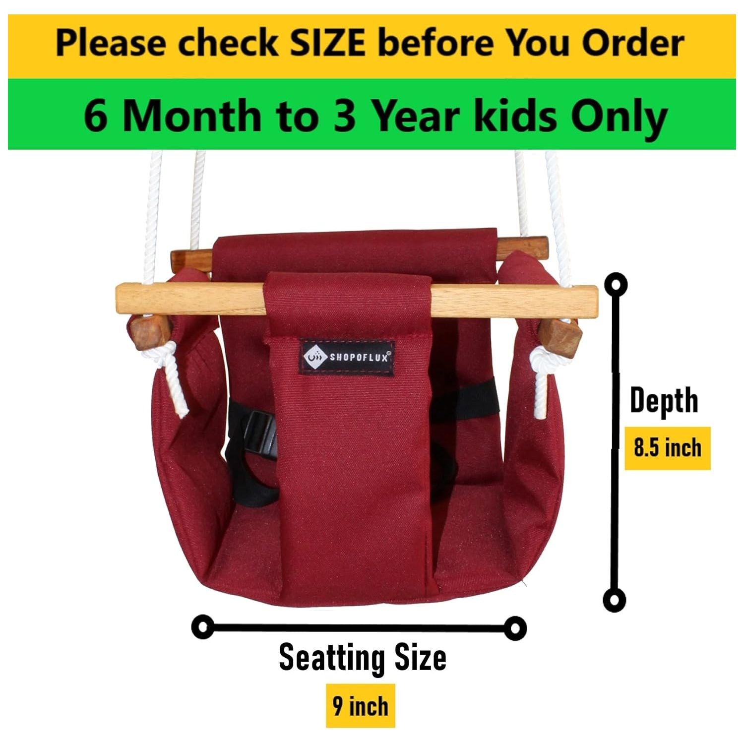 SHOPOFLUX Polyester Swing For Kids | Baby Swing Hanging Indoor Outdoor | Kids Swing | Jhula For Baby | Baby Garden Swing | Jhula For Kids | 6 Months To 3 Years Up To 25 Kg Maroon Depth 8.5 Inch