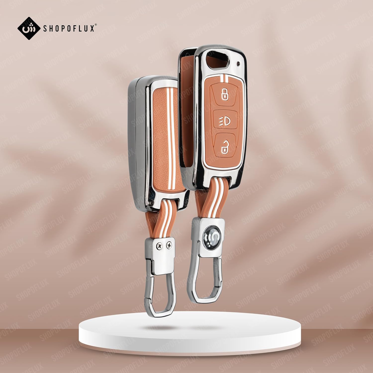 SHOPOFLUX Metal Key Cover Compatible with Tata Tiago | Nexon | Altroz | Curvv | Safari | Storme | Zest | Bolt | Tigor | Punch | Hexa 3 Button Flip Key (Brown Silicone) Shopoflux
