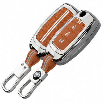 SHOPOFLUX Metal Key Cover Compatible for Mahindra XUV 300 and Alturas G4 Car 3 Button Flip Key (Metal Silicone Brown) Shopoflux