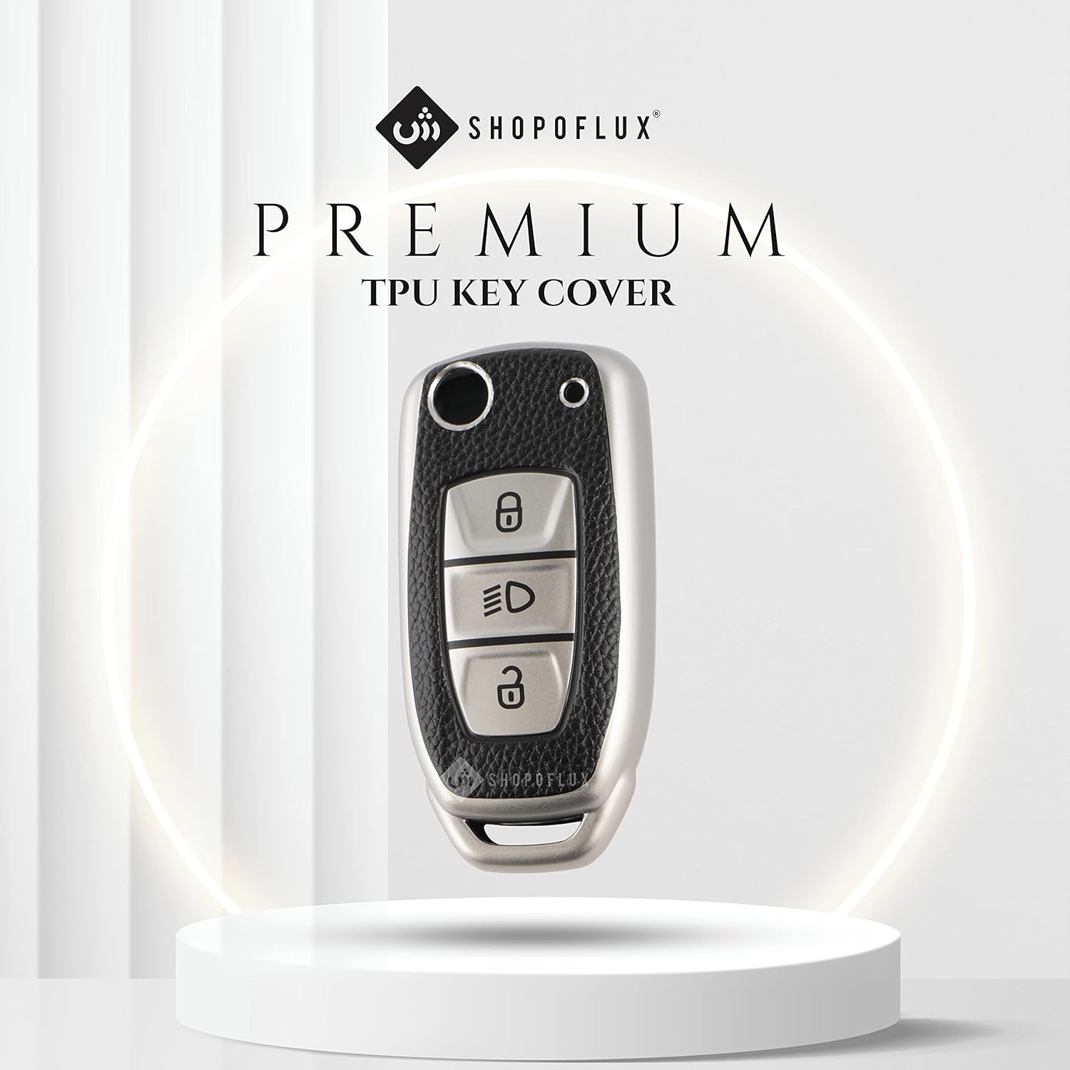 SHOPOFLUX TPU Leather Key Cover Compatible with Tata Tiago | Nexon | Altroz | Safari | Storme | Zest | Bolt | Tigor | Punch | Hexa 3 Button Flip Key Black Silver