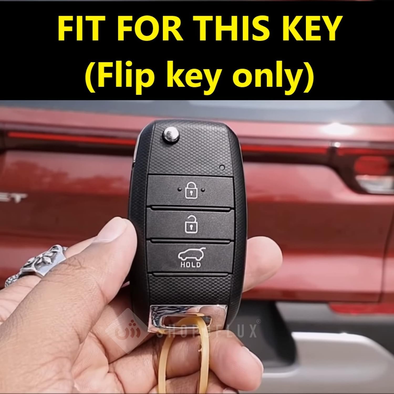 Shopoflux® Leather Key Cover Compatible for Kia Carens | Sonet | Seltos 3 Button Flip Key (Black) Shopoflux