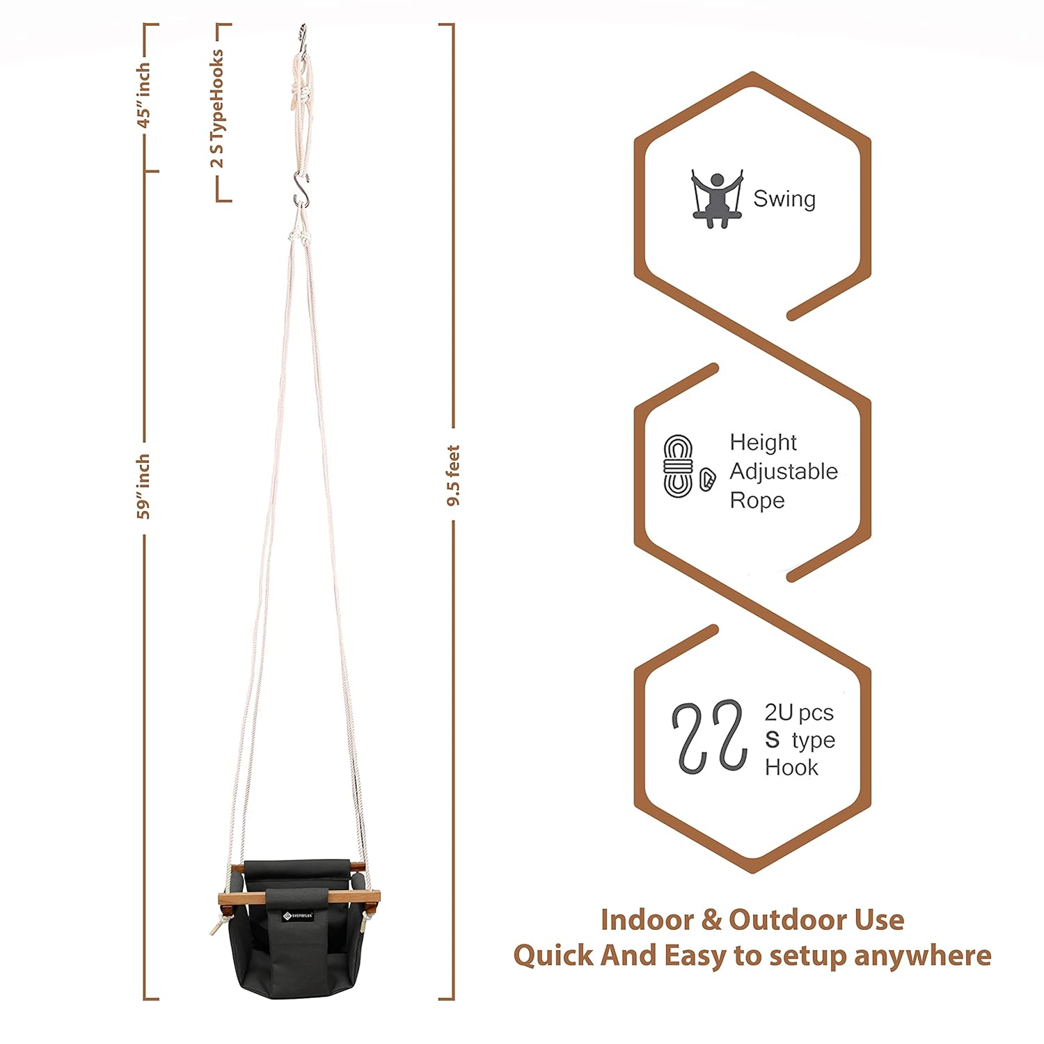 Shopoflux Swing For Kids | Baby Swing Hanging Indoor Outdoor | Kids Swing | Jhula For Baby | Baby Garden Swing | Jhula For Kids 6 Months To 3 Years, Up To 25 Kg, Grey - Polyester, 24 Cm