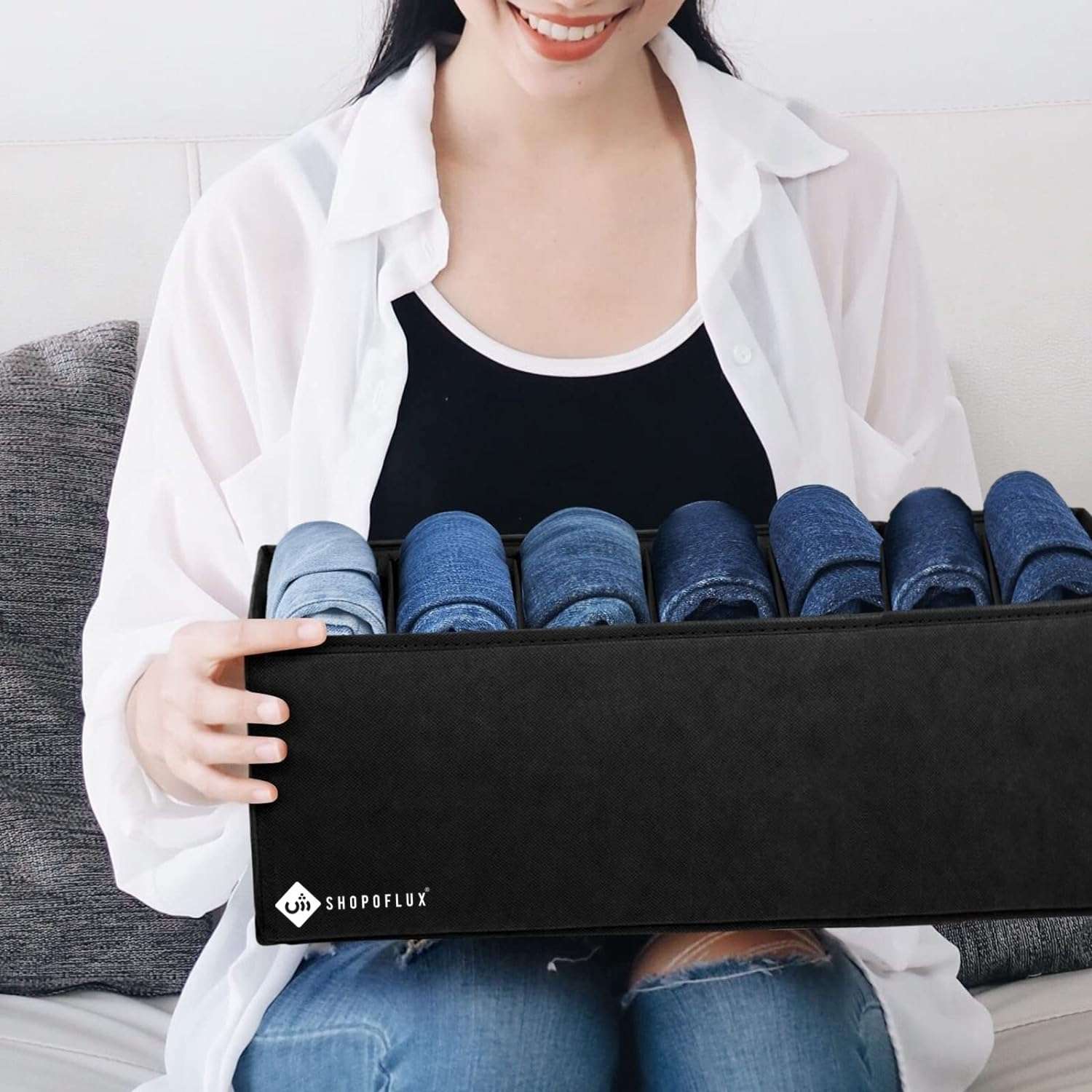 SHOPOFLUX Clothes Organizer for Wardrobe - Ideal for Jeans, Pants, Shirts - Drawer Closet Storage Solution Pack of 1, Black 7 Slots