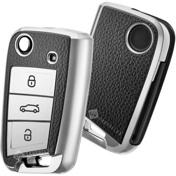 SHOPOFLUX Leather TPU Key Cover Compatible with Skoda & Volkswagen Cars Slavia | Kushaq | Octavia | Virtus | Taigun | Tiguan | T ROC 3 Button Flip Key